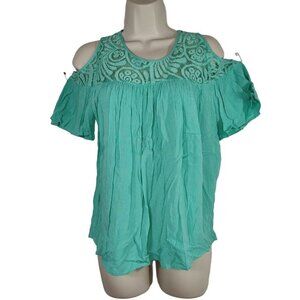 ANA A New Approach Cold Shoulder Top Crinkle Women Size S Lace Trim Short Sleeve